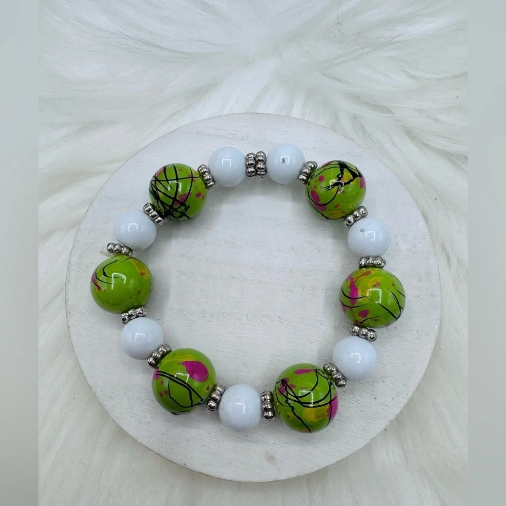 Lime Splash Statement Beaded Bracelet – White Accent Chunky Stretch Jewelry